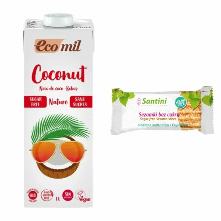 Napój Kokosowy Bezglutenowy Niesłodzony Bio 1 l Ecomil + Sezamki z Ksylitolem i Maltitolem 27 g - Santini