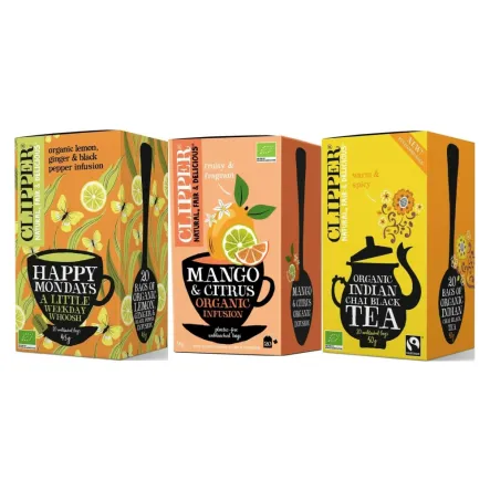 Herbatka Cytrynowa z Imbirem i Czarnym Pieprzem Bio 45 g (20x 2,25 g) + Herbatka o Smaku Mango i Owoców Cytrusowych Bio 36 g (20x 1,8 g) + Herbata Czarna Chai z Cynamonem i Goździkami Bio 50 g (20x 2,5 g) - Clipper