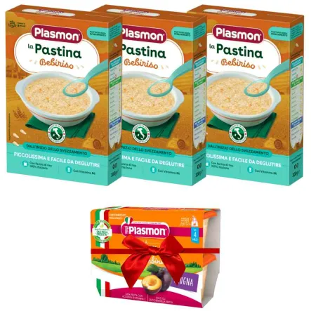 3 x Pierwszy Makaron Dla Dzieci Bebiriso 300 g - PLASMON + Deserek Śliwka 400 g (4 x 100 g) - PLASMON 