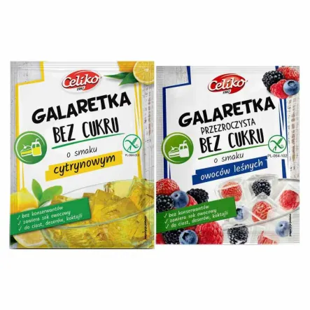 Zestaw Galaretka Przezroczysta  o Smaku Owoców Leśnych 14 g +  Galaretka o Smaku Cytrynowym Bez Dodatku Cukru Bezglutenowa 14 g - Celiko