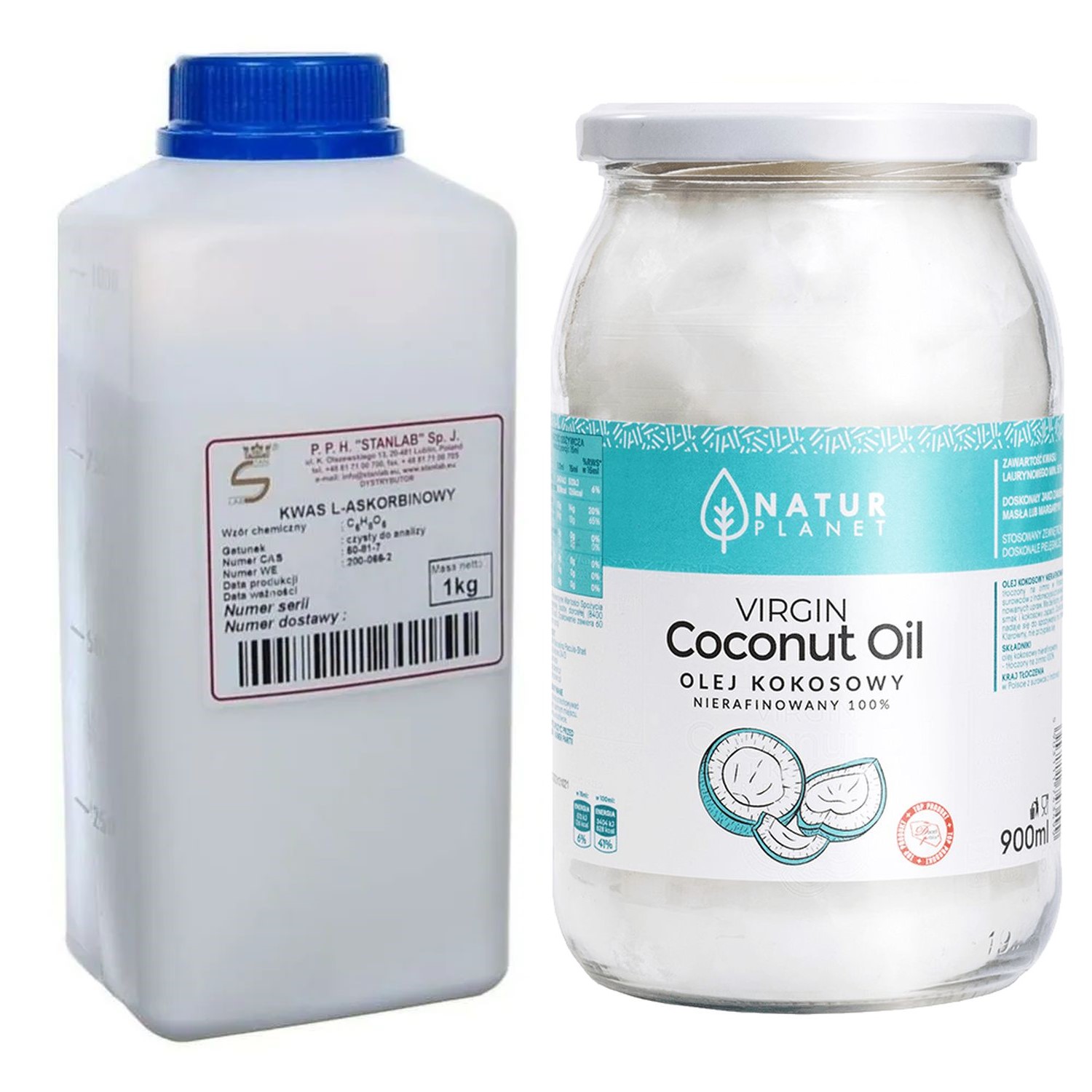 Zestaw Kwas L-Askorbinowy 1 kg CZDA  Stanlab + Olej Kokosowy Nierafinowany Virgin 100% Tłoczony na Zimno 900 ml - Natur Planet