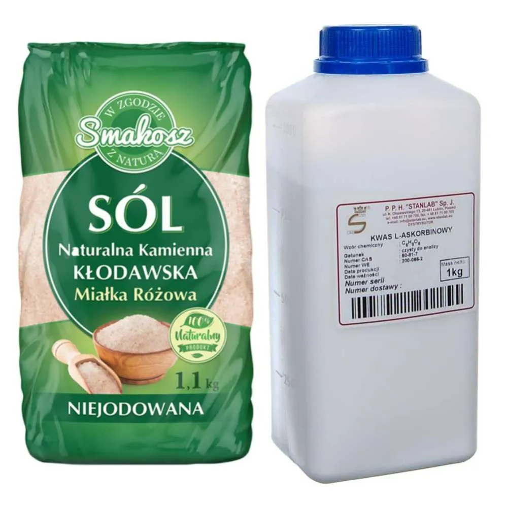 Zestaw Kwas L-Askorbinowy 1 kg  Stanlab + Sól Kłodawska Kamienna Naturalna Miałka Różowa Niejodowana 1,1 kg - Smakosz