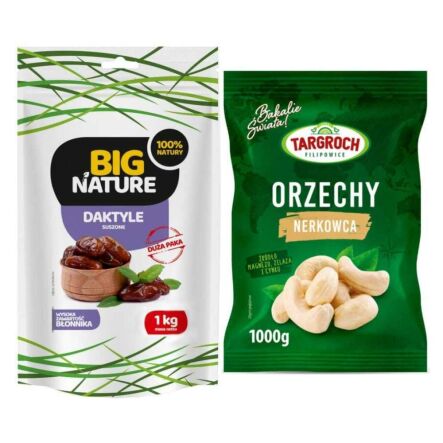 Zestaw Daktyle Suszone Bez Pestek 1 kg -  Big Nature  + Orzechy Nerkowca Połówki 1 kg - Targroch