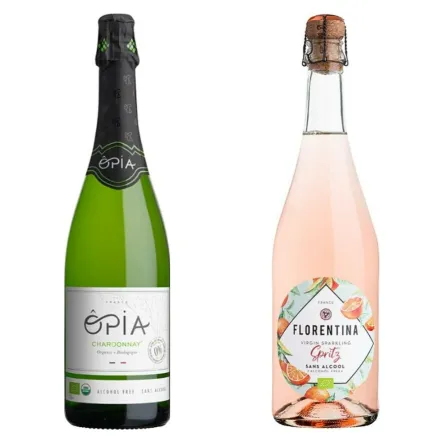 Szampan Bezalkoholowy Opia Chardonnay bez Siarczynów, Bezsiarkowy, Wino Bezalkoholowe Musujące Gazowane Organiczne Sparkling 0% 0,75 l - Opia  + Szampan Bezalkoholowy Bio Florentina Rose bez Siarczynów, Bezsiarkowy, Wino Bezalkoholowe Musujące Gazowane