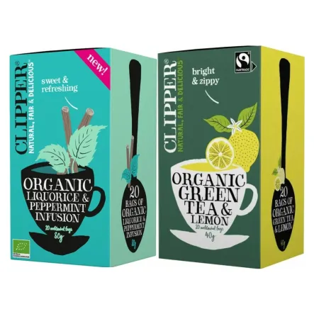 Herbata z Lukrecją i Miętą Pieprzową Bio 30 g (20x 1,5 g) + Herbata Zielona z Cytryną Fair Trade Bio 40 g (20x 2 g) - Clipper