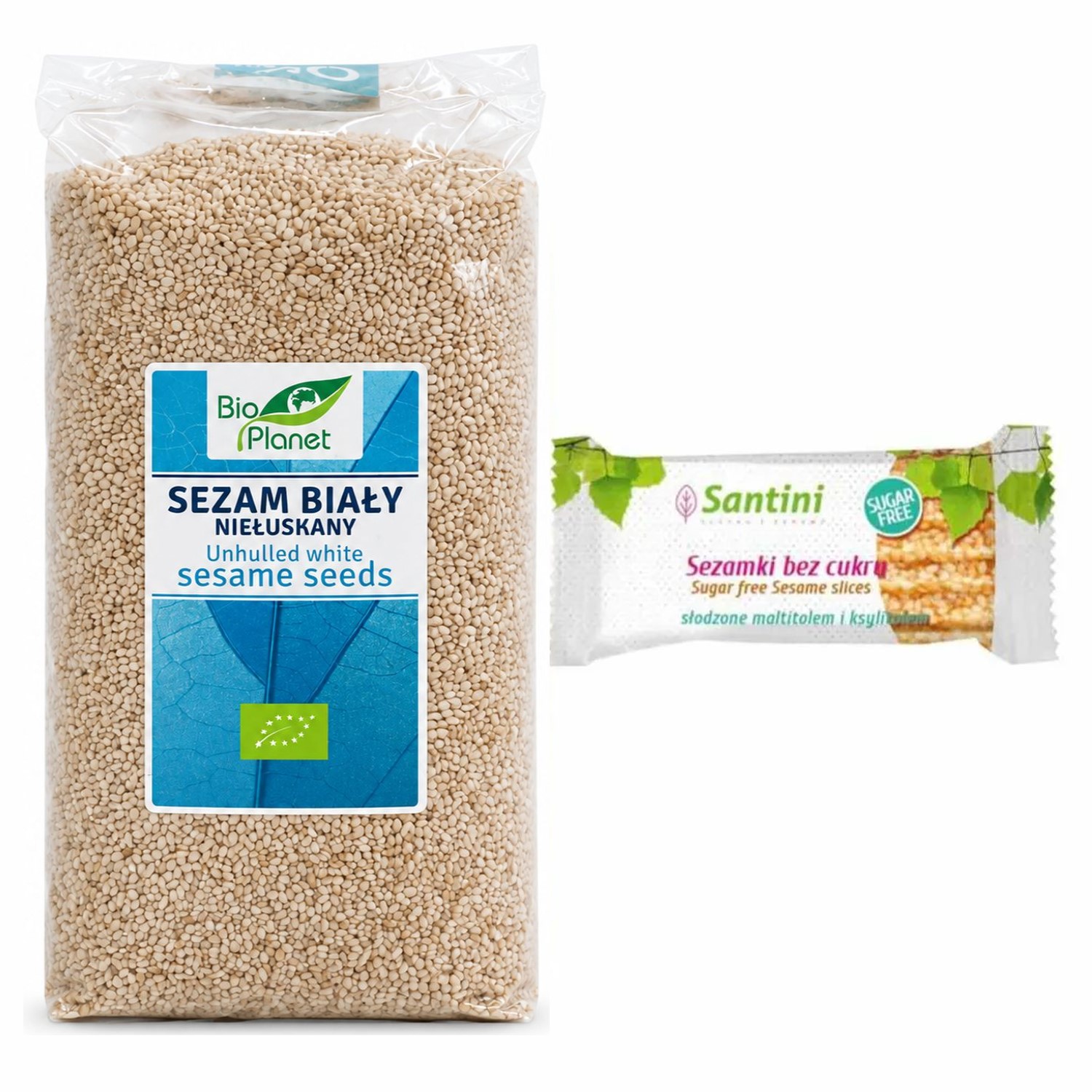 Sezam Biały Niełuskany Bio 1 kg - Bio Planet + Sezamki Bez Dodatku Cukru z Ksylitolem i Maltitolem 27 g - Santini