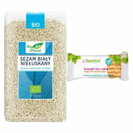 Sezam Biały Niełuskany Bio 1 kg - Bio Planet + Sezamki Bez Dodatku Cukru z Ksylitolem i Maltitolem 27 g - Santini