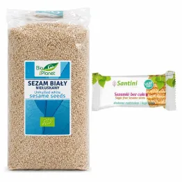 Sezam Biały Niełuskany Bio 1 kg - Bio Planet + Sezamki Bez Dodatku Cukru z Ksylitolem i Maltitolem 27 g - Santini