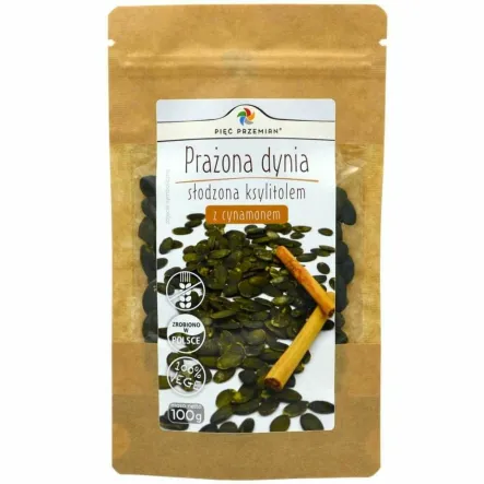 Prażone Pestki Dyni Słodzone Ksylitolem z Cynamonem 100 g - Pięć Przemian (datat: 29.07.2025)