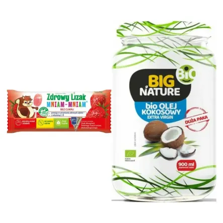 Zdrowy Lizak Mniam - Mniam TRUSKAWKA Łezka - Starpharma + Olej Kokosowy Extra Virgin Nierafinowany Zimnotłoczony Bio 900 ml - Big Nature