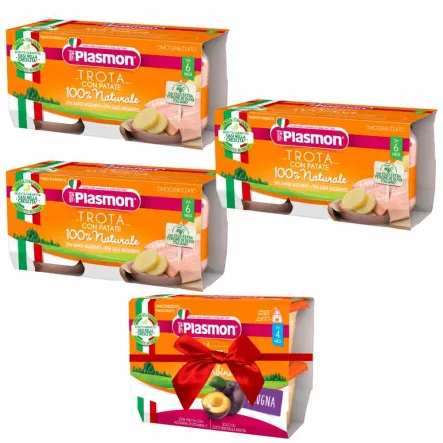 3 x Obiadek Pstrąg z Ziemniaczkami 160 g (2 x 80 g) - PLASMON  + Deserek Śliwka 400 g (4 x 100 g) - PLASMON 