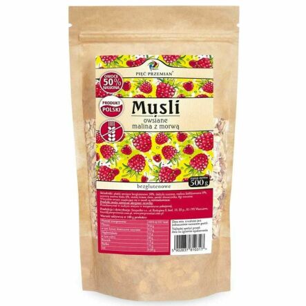 Musli Owsiane Malina z Morwą Bezglutenowe 500 g - Pięć Przemian