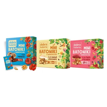 Mini Batoniki z Nerkowcami a'la Makowiec 108 g (6 x 18 g) + Mini Batoniki a la Sernik z Nerkowców 102 g (6x 17 g) + Mini Batoniki a la Tarta Malinowa z Nerkowców 102 g (6x 17 g) Dobra Kaloria