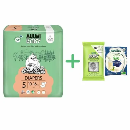 Pieluszki Jednorazowe 5 Diapers 10-16 kg 44 Sztuki - Muumi Baby + Śliniak Jednorazowy EKO 10 Sztuk - HELMI BABY  i Kaszka BIO Spokojny Sen po 4  Miesiącu Życia Saszetka 25 g - MODILAC 