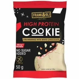 Ciastko Proteinowe o Smaku Truskawkowym z Białą Czekoladą Bez Dodatku Cukru Bezglutenowe 50 g - Frank&Oli
