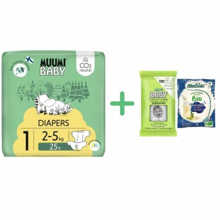 Pieluszki Jednorazowe 1 Newborn 2-5 kg 25 Sztuk - Muumi Baby  + Śliniak Jednorazowy EKO 10 Sztuk - HELMI BABY  i Kaszka BIO Spokojny Sen po 4  Miesiącu Życia Saszetka 25 g - MODILAC