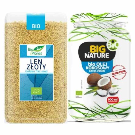 Len Złoty Bio 1 kg - Bio Planet + Olej Kokosowy Extra Virgin Nierafinowany Zimnotłoczony Bio 900 ml - Big Nature