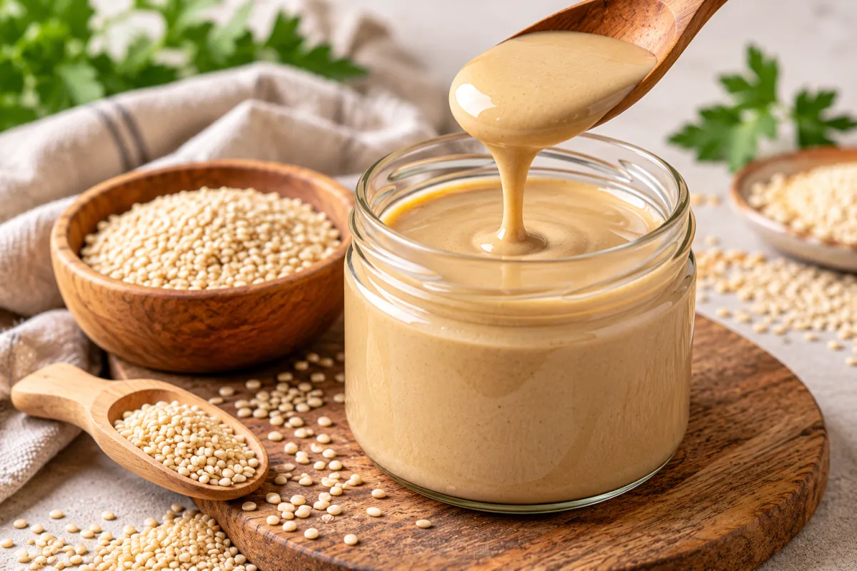Kremowa pasta tahini przygotowana z mielonych ziaren sezamu – gładkie masło sezamowe do hummusu, sosów i dań orientalnych