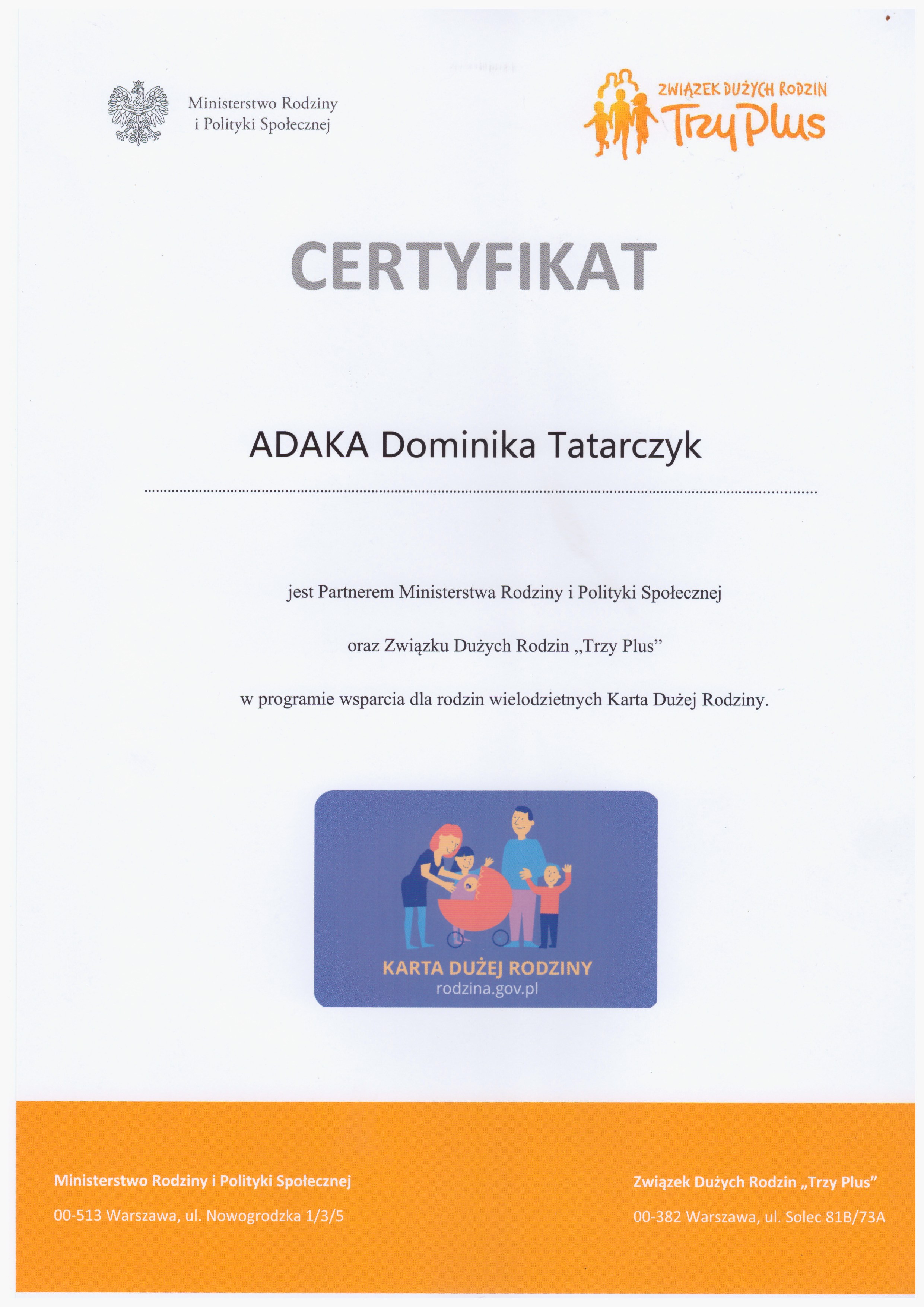 certyfikat KDR karta dużej rodziny dla ADAKI